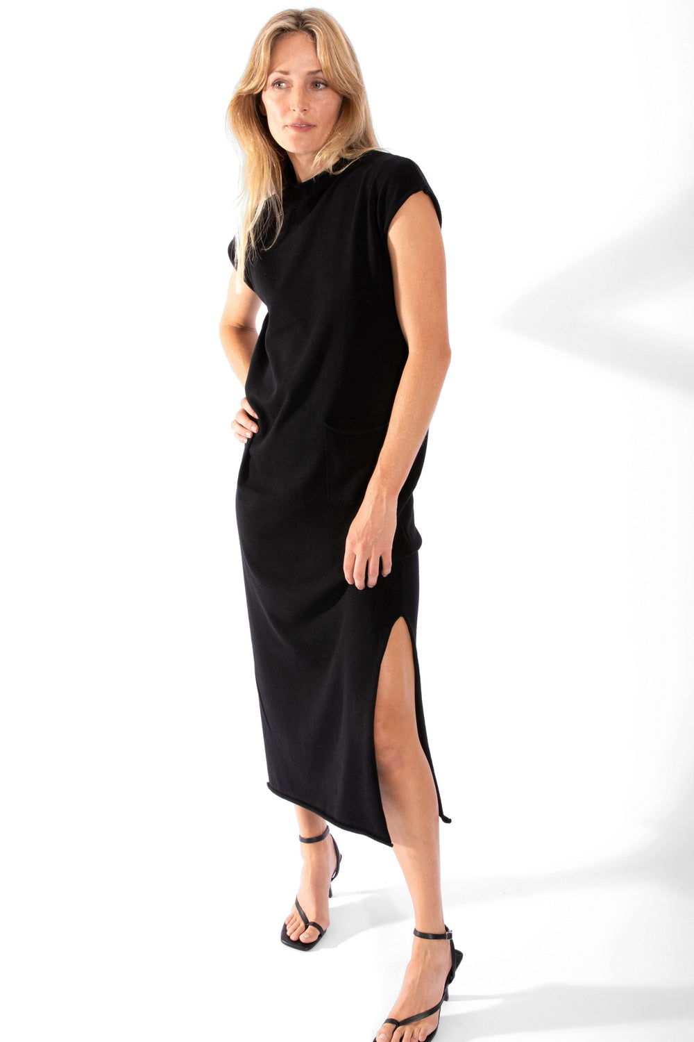 Funnel Neck Knit Maxi Dress - Black