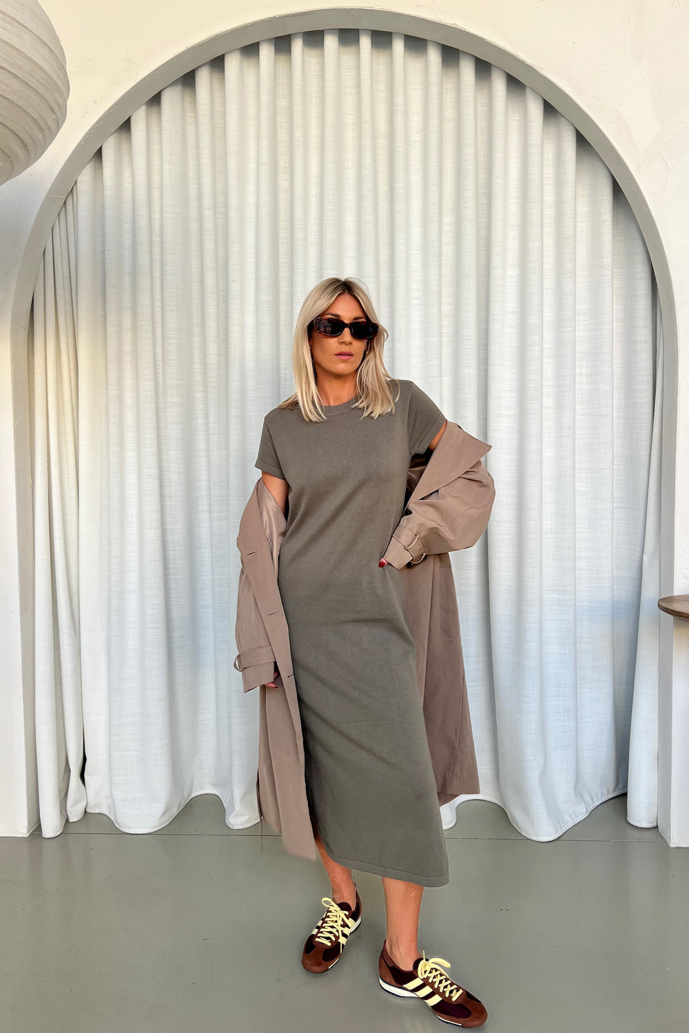 Knitted T-shirt Dress - Khaki